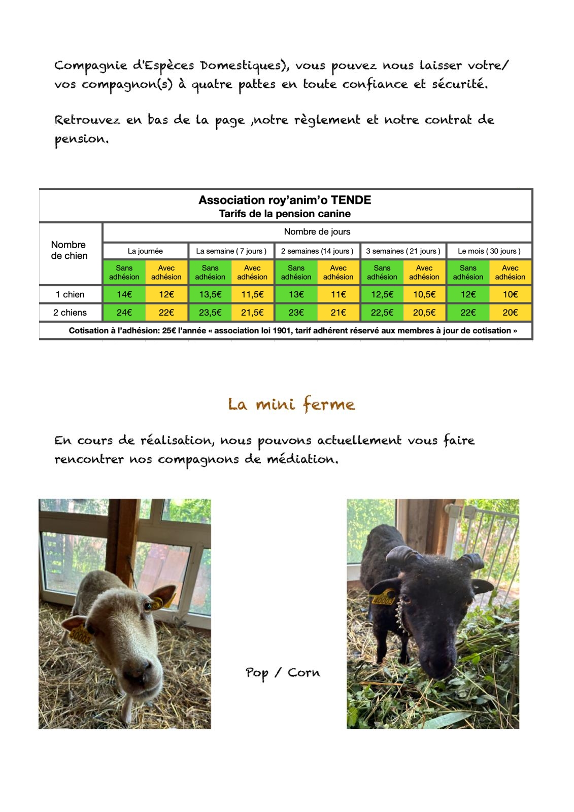 Tarifs Pension Canine avec et sans adhesion